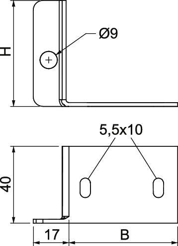 Ortogonalny rysunek techniczny profilu kątowego. Szczegóły: średnica otworu Ø9 u góry, dwa otwory podłużne 5,5x10 na środku, tekst wysokości 'H', szerokość 'B'.
