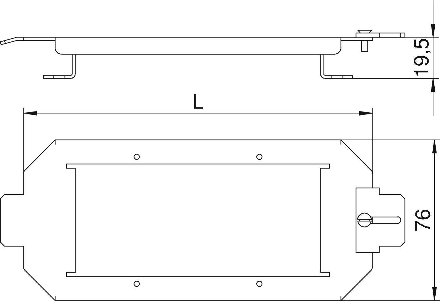 Rysunek techniczny prostokątnego elementu o wymiarach: długość 'L', szerokość 76 mm, wysokość 19,5 mm, mocowania boczne.