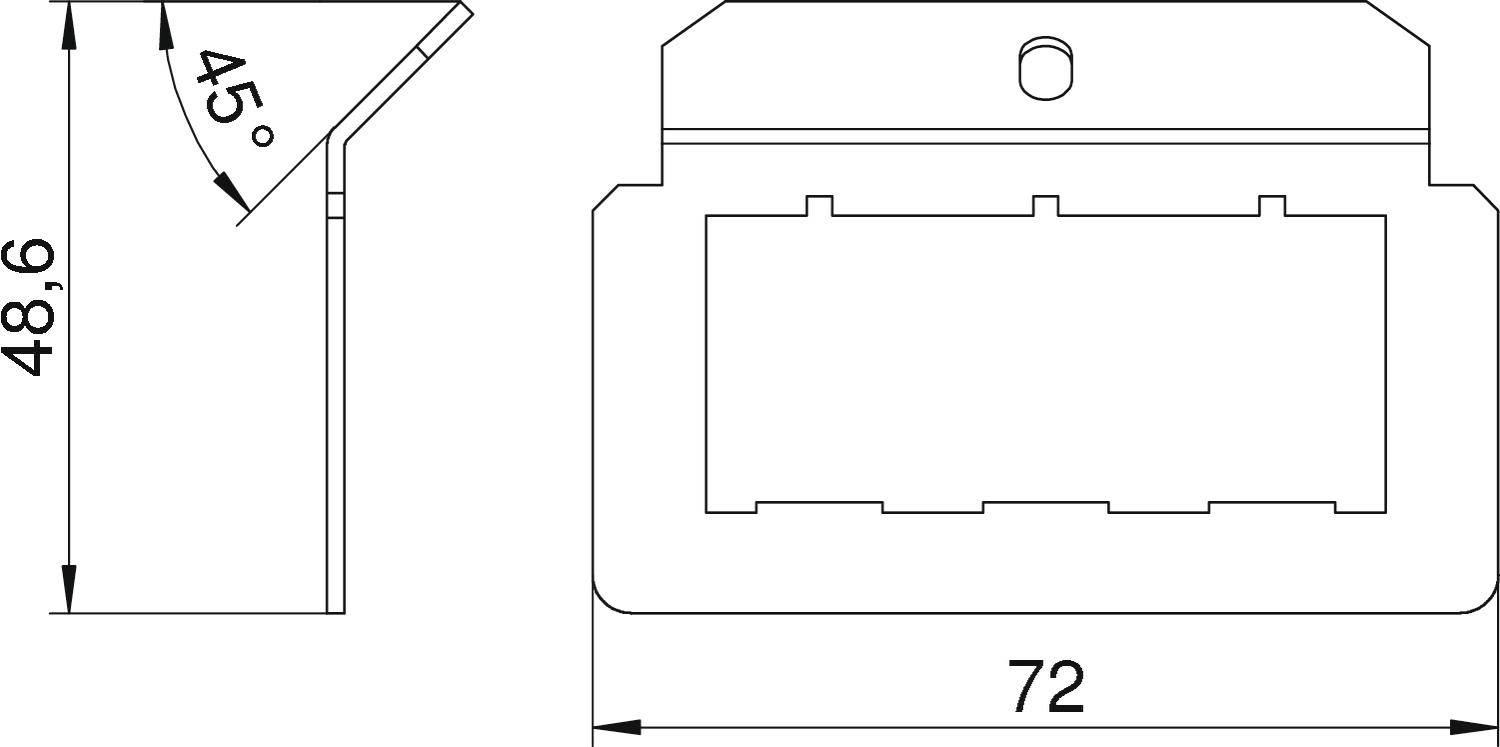 Rysunek techniczny prostokątnego elementu o szerokości 72 mm, wysokości 48,6 mm i kącie nachylenia 45 stopni.