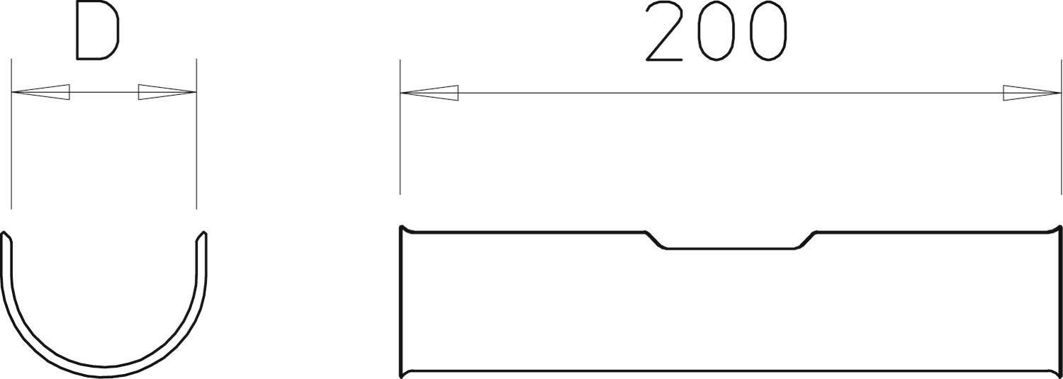 Przewód o średnicy wewnętrznej 'D' i długości 200 milimetrów. Diagram przedstawia widok przekroju poprzecznego rury częściowo otwartej.