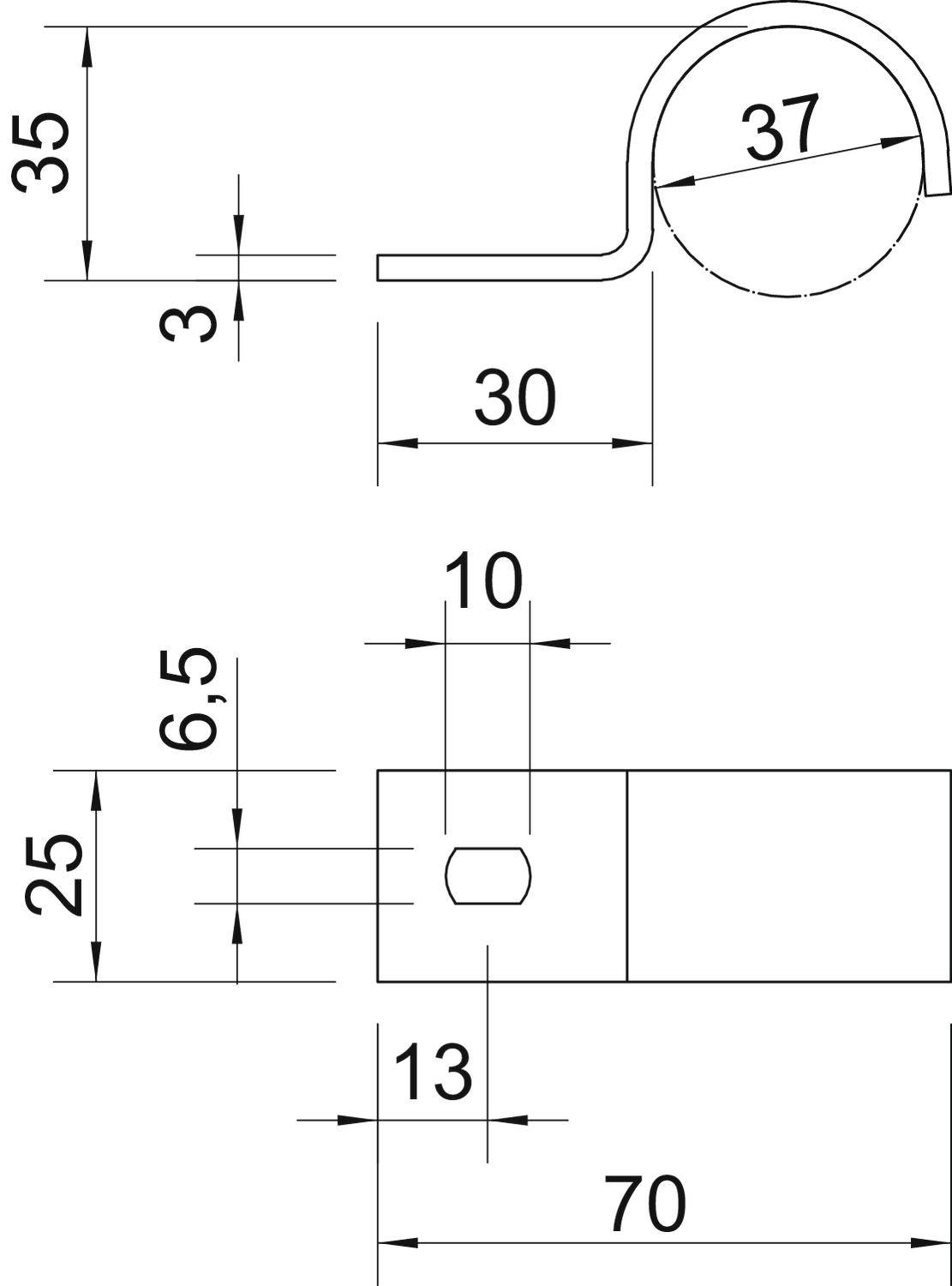 Rysunek techniczny elementu z wymiarami: długość 70 mm, szerokość 25 mm, średnica rury 37 mm. Widok z boku i z góry z detalami.