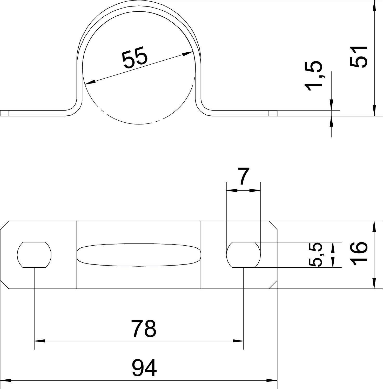 Rysunek techniczny uchwytu z wymiarami: Góra średnica 55, wysokość 51; dół szerokość 94, rozstaw otworów 78, wymiary w mm.
