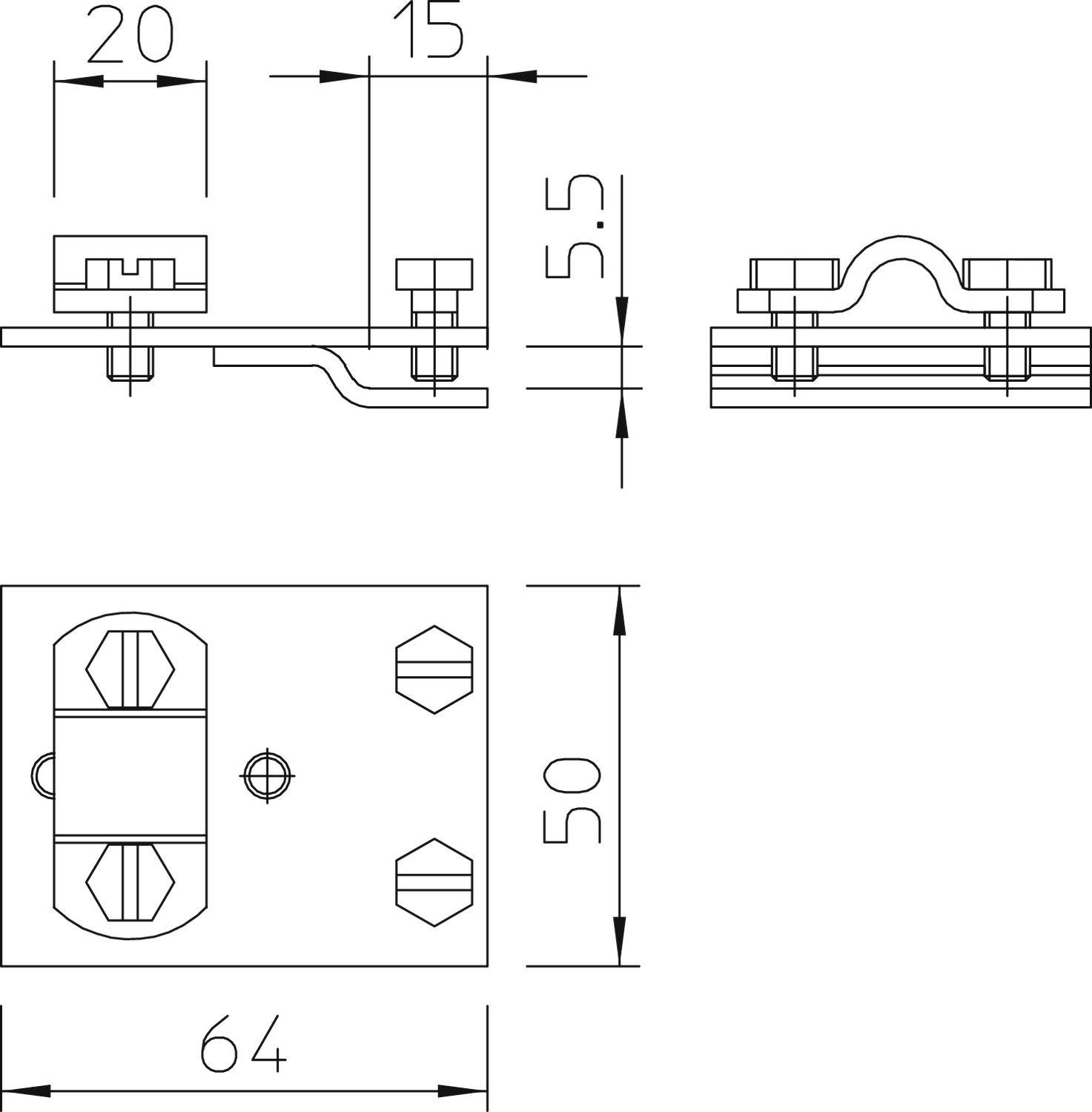 Rysunek techniczny zacisku metalowego z wymiarami: szerokość 64 mm, wysokość 50 mm, rozstaw śrub 20 mm i 15 mm, grubość 5,5 mm.