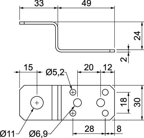 Rysunek metalowego kątownika z wymiarami: długość 49 mm, szerokość 30 mm. Kilka otworów montażowych o podanych średnicach. Widok z boku przedstawia zagięcie.