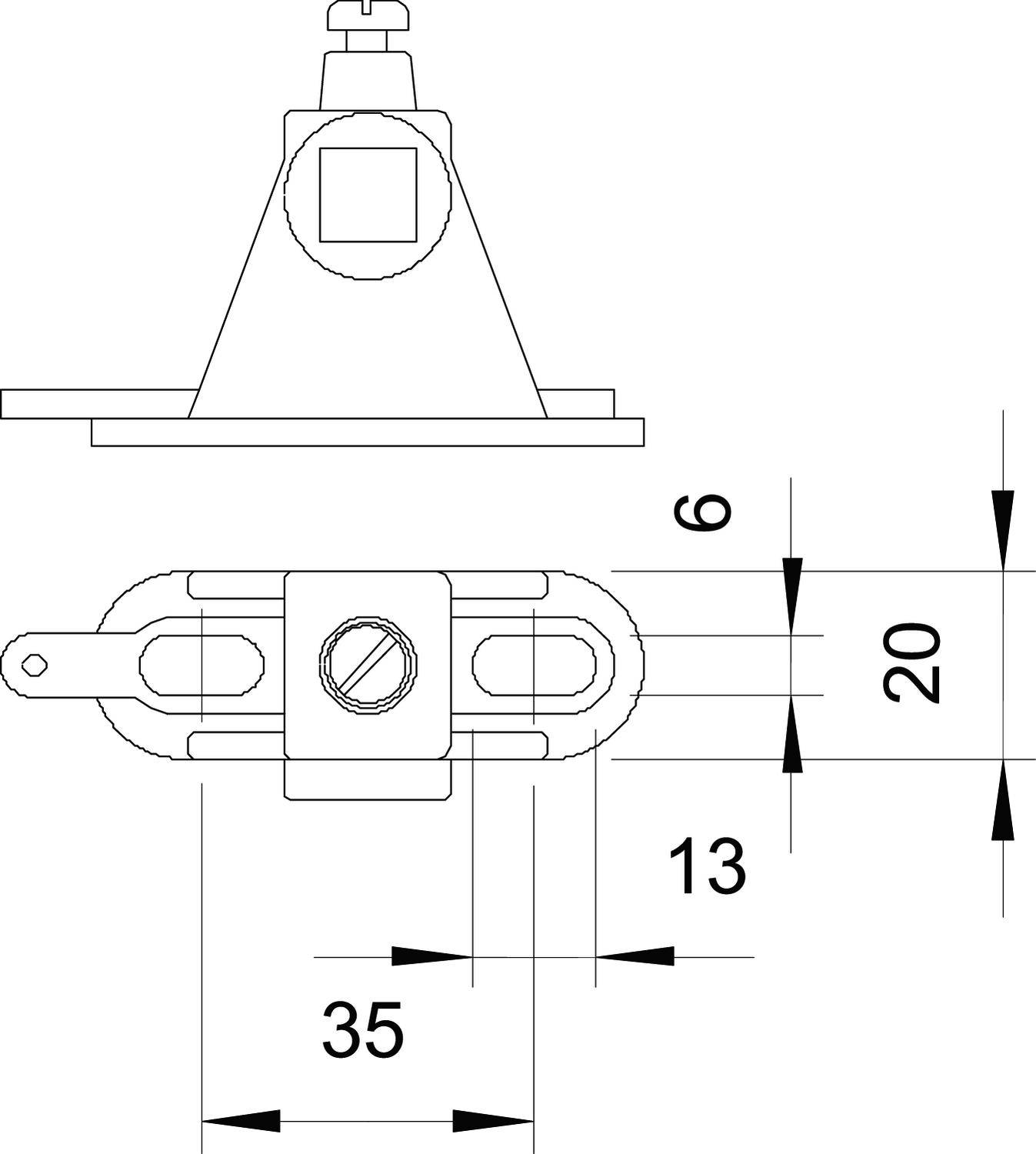 Rysunek techniczny elementu z wymiarami: długość 35, wysokość 20, szerokość 13. Przedstawia widok z boku i widok z góry. Górna część pokazuje okrągłą podstawę.