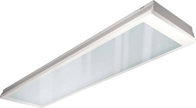 Prostokątna lampa sufitowa LED w białej ramie, odpowiednia do oświetlania dużych przestrzeni wewnętrznych, takich jak biura lub sale lekcyjne.