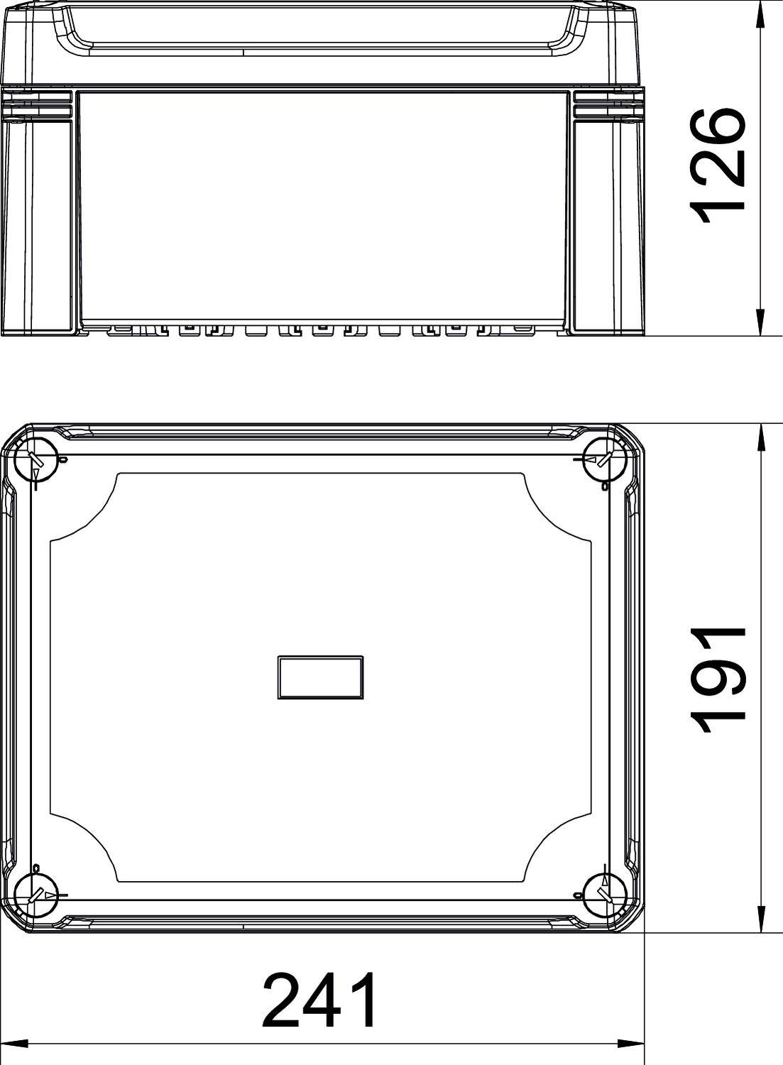 Rysunek techniczny obudowy prostokątnej o wymiarach 241 mm x 191 mm x 126 mm. Widok z góry i z boku.