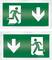 Zielony znak informacyjny z dwoma strzałkami skierowanymi w dół i dwoma symbolami wyjścia awaryjnego. Wskazuje kierunek ewakuacji.
