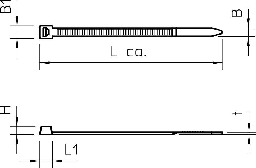 Rysunek techniczny opaski kablowej z wymiarami: długość (L), szerokość (B), wysokość (H), grubość (t). Przedstawione widoki boczne i górne.