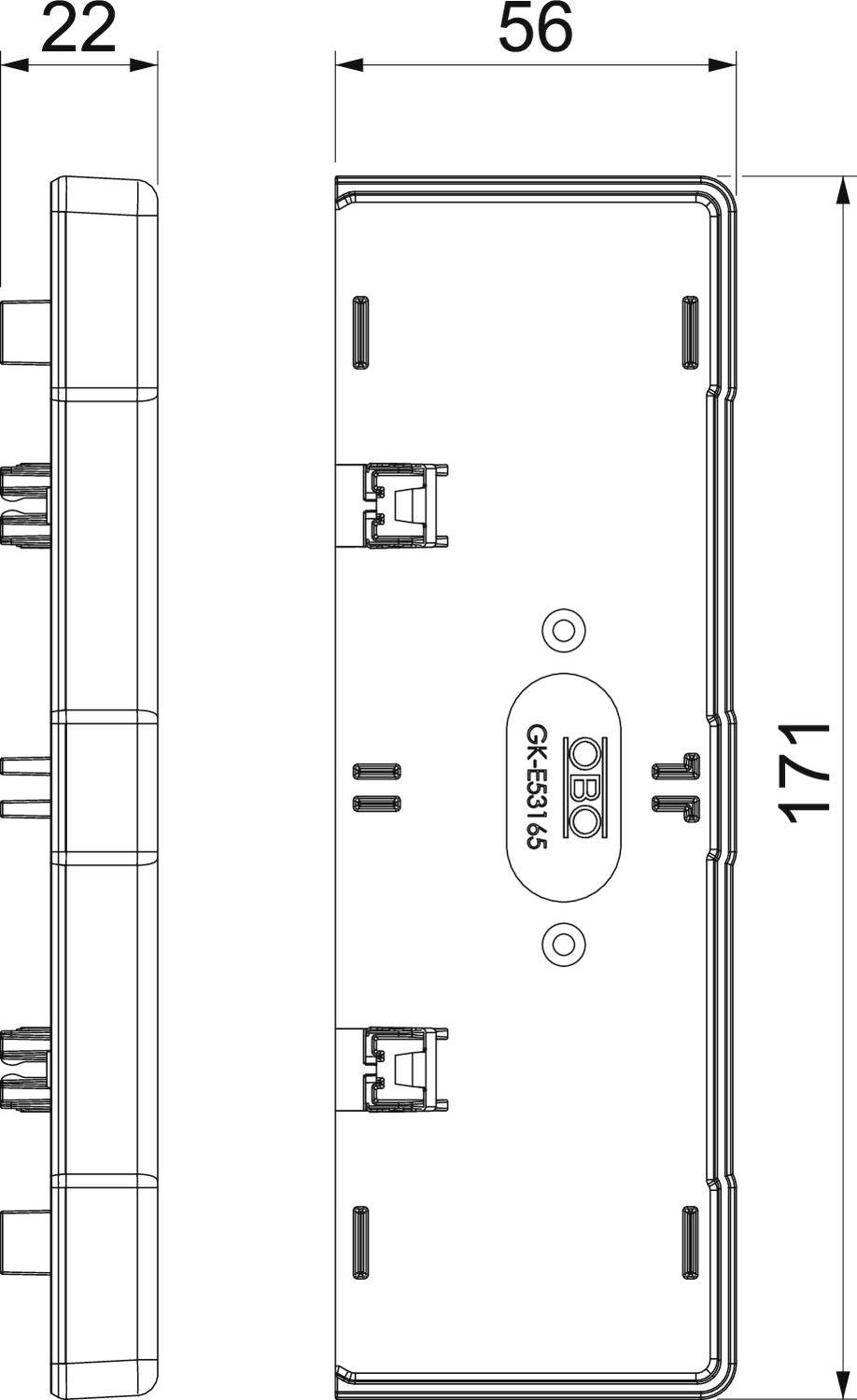 Rysunek techniczny prostokątnego elementu elektrycznego o wymiarach 22x56x117 mm, przedstawiający widok z boku i widok z przodu.