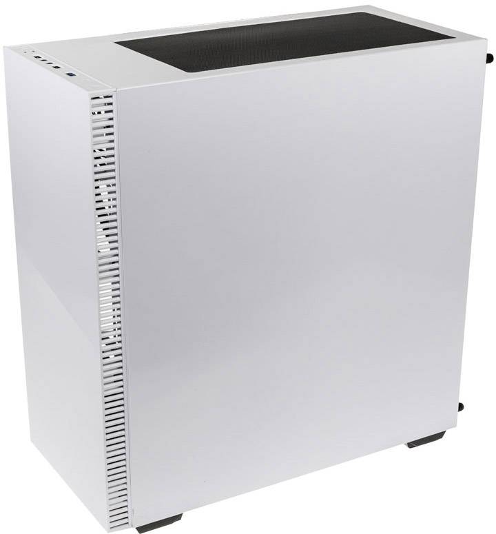 Prosta, nowoczesna obudowa komputerowa w białym kolorze, z gładkimi bokami i otworami wentylacyjnymi z przodu. Odpowiednia do montażu komputera.