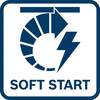 Obraz przedstawia niebieską ikonę z kreską spiralną i błyskawicą, pod którą znajduje się napis 'SOFT START'.
