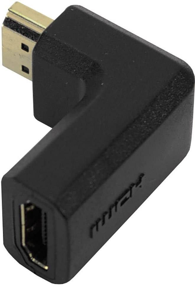 Czarny adapter HDMI w kształcie litery L z wtyczką HDMI i gniazdem HDMI, odpowiedni do ciasnych przestrzeni.