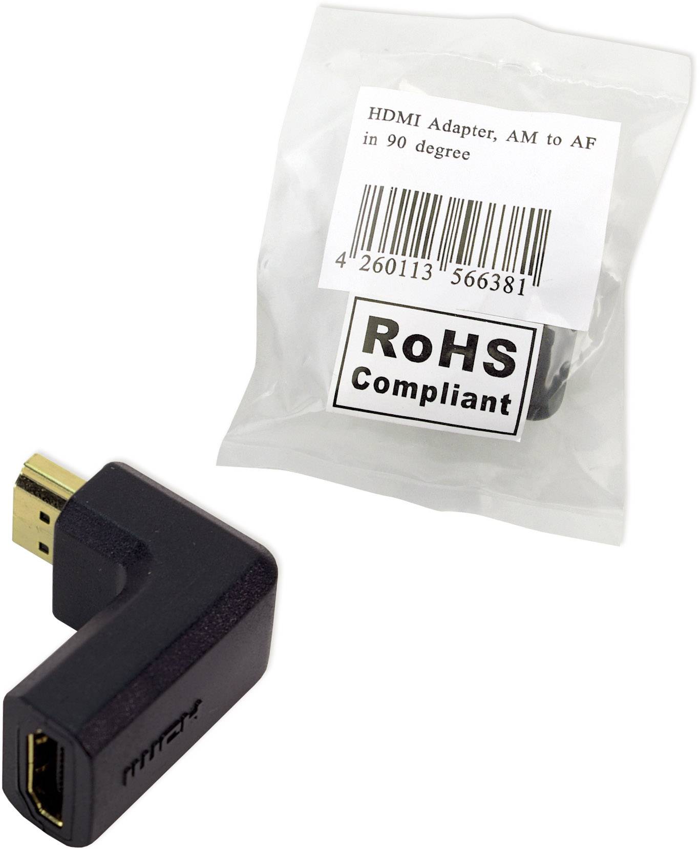 Adapter HDMI w kształcie litery L obok opakowania z napisem 'Adapter HDMI, wtyk AM do gniazda AF pod kątem 90 stopni', zgodny z normą RoHS.