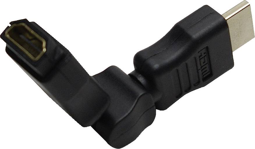 Czarny adapter HDMI kątowy z obrotowymi przegubami, umożliwiający elastyczne podłączenie pod różnymi kątami w połączeniach HDMI.