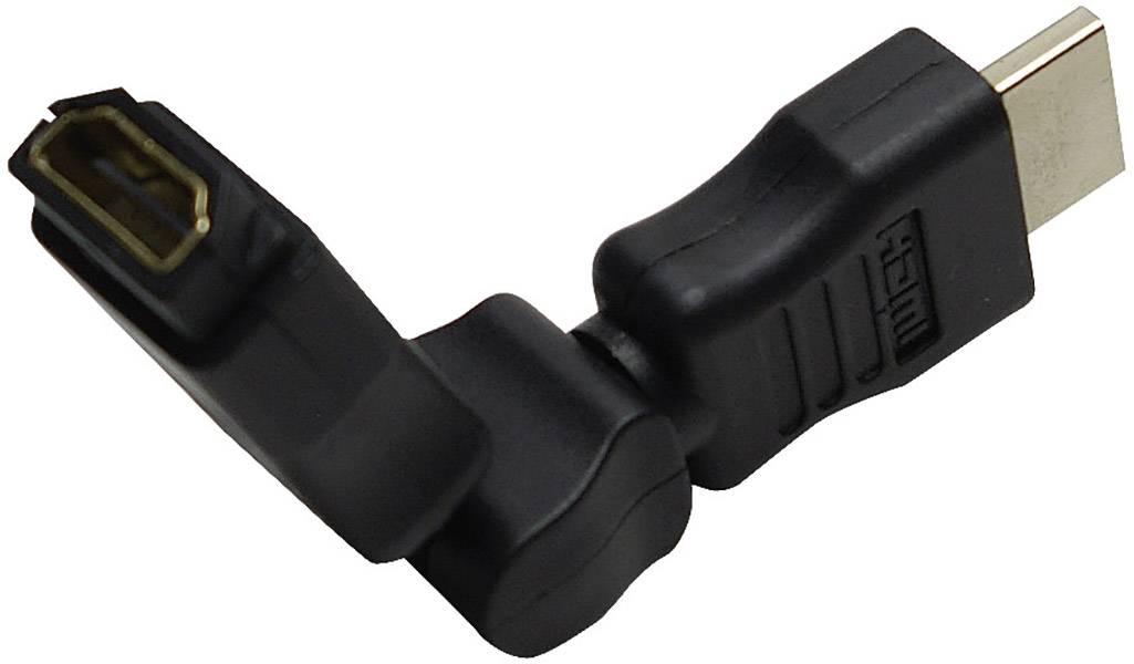 Czarny adapter HDMI pod kątem 90 stopni do podłączania kabli HDMI w ciasnych lub trudno dostępnych przestrzeniach.
