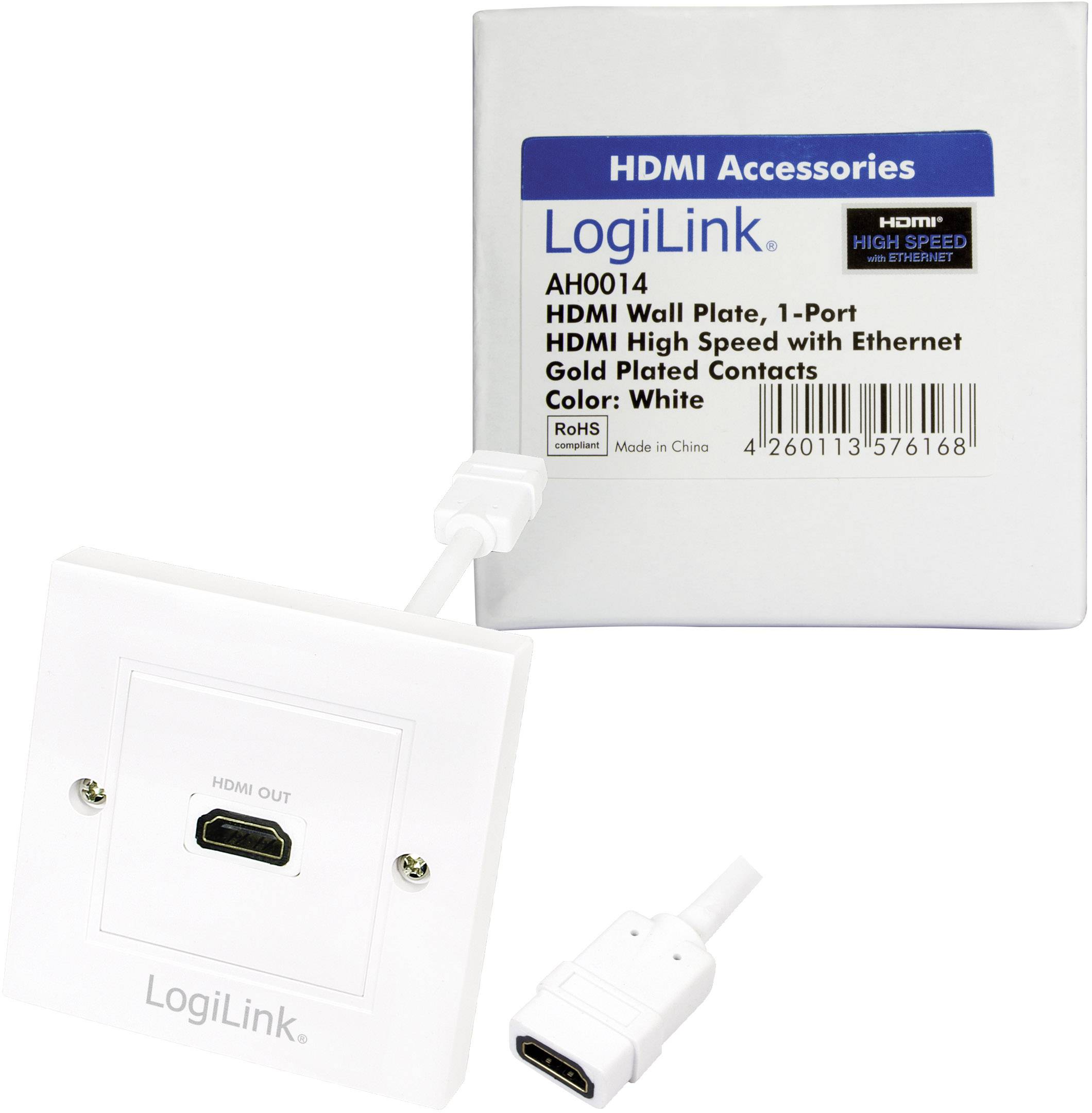 Płyta ścienna HDMI firmy LogiLink, w kolorze białym, z wyjściem HDMI i obsługą Ethernet. Złącza pokryte złotem dla lepszego połączenia.