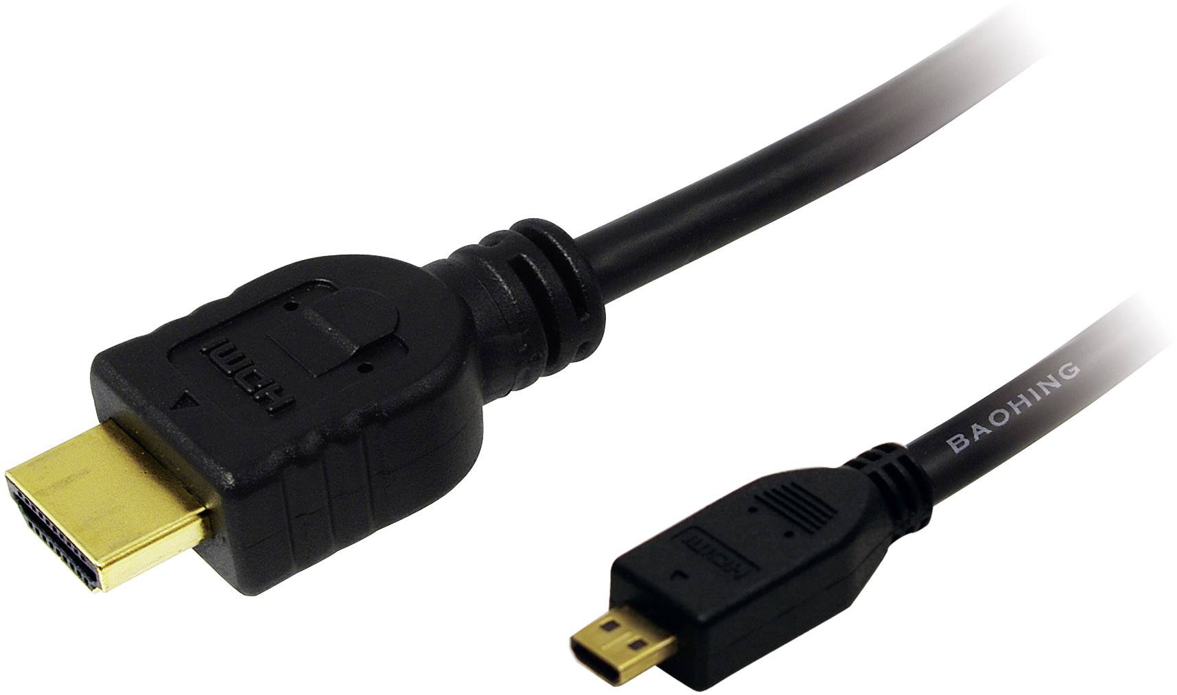 Na ilustracji przedstawiono kabel HDMI do Micro HDMI. Po lewej stronie większa wtyczka HDMI, po prawej mniejsza wtyczka Micro HDMI.