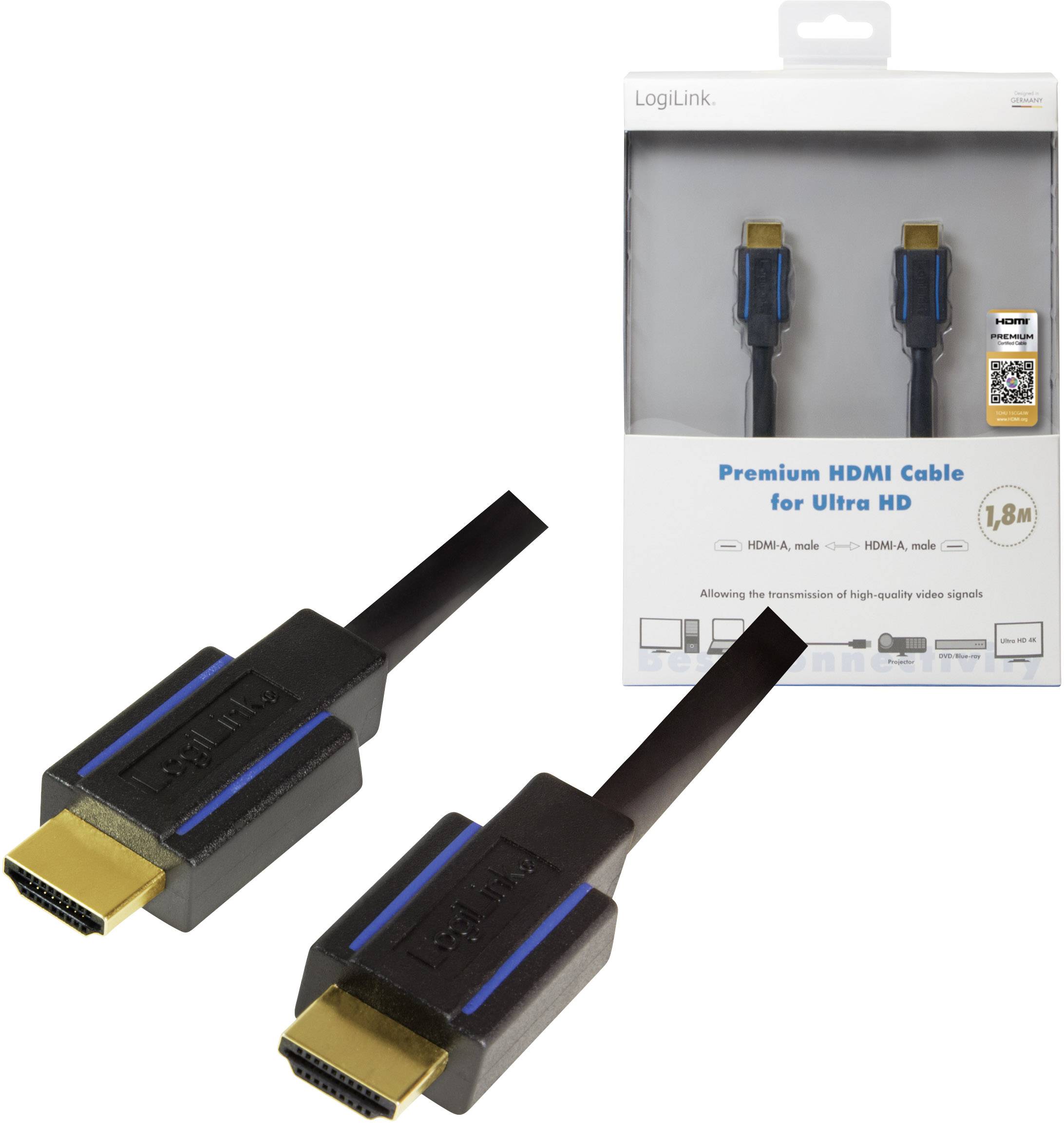 Kabel HDMI premium firmy LogiLink w kartonie, długość 1,8 m, odpowiedni do Ultra HD, wspierający wysokiej jakości transmisję sygnału wideo.