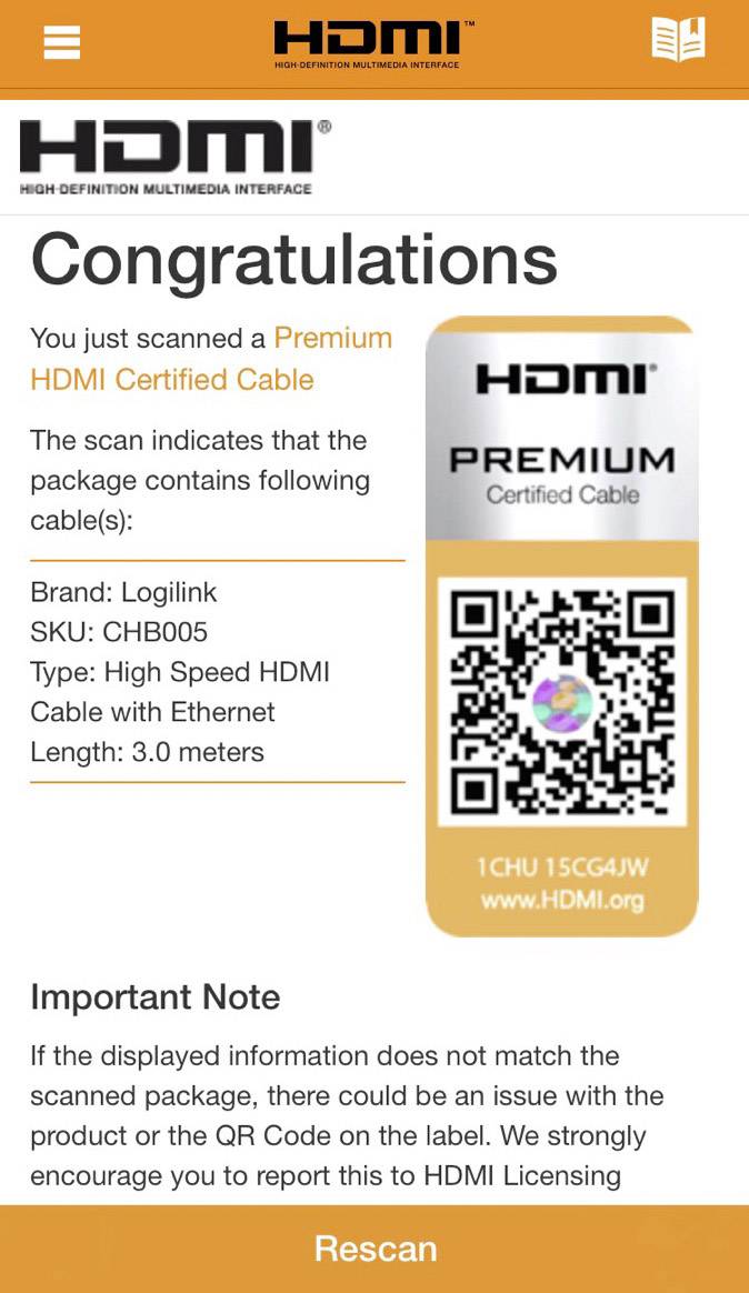 'Serdeczne gratulacje. Zeskanowałeś kabel HDMI klasy Premium: Logilink, SKU: CHB005, Typ: High Speed HDMI.'