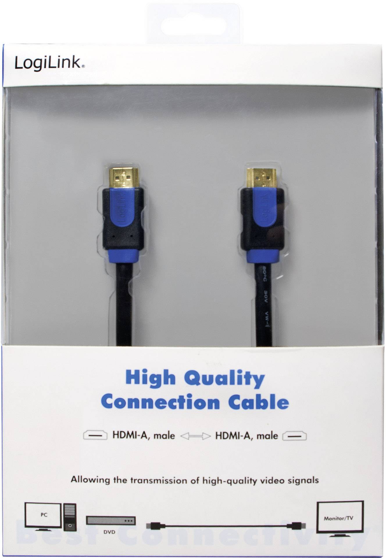 Dwa wtyki HDMI-A na opakowaniu przewodu LogiLink 'High Quality Connection Cable'. Nadaje się do połączeń między komputerem, odtwarzaczem DVD oraz monitorem/telewizorem.