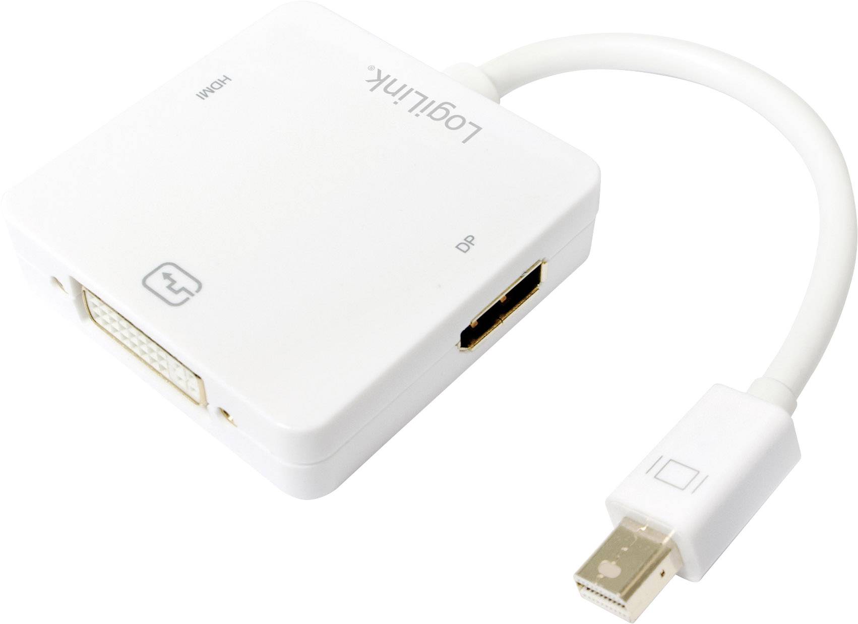 Biały adapter z wejściami VGA, DVI i HDMI po jednej stronie oraz wejściem Mini DisplayPort po drugiej stronie.