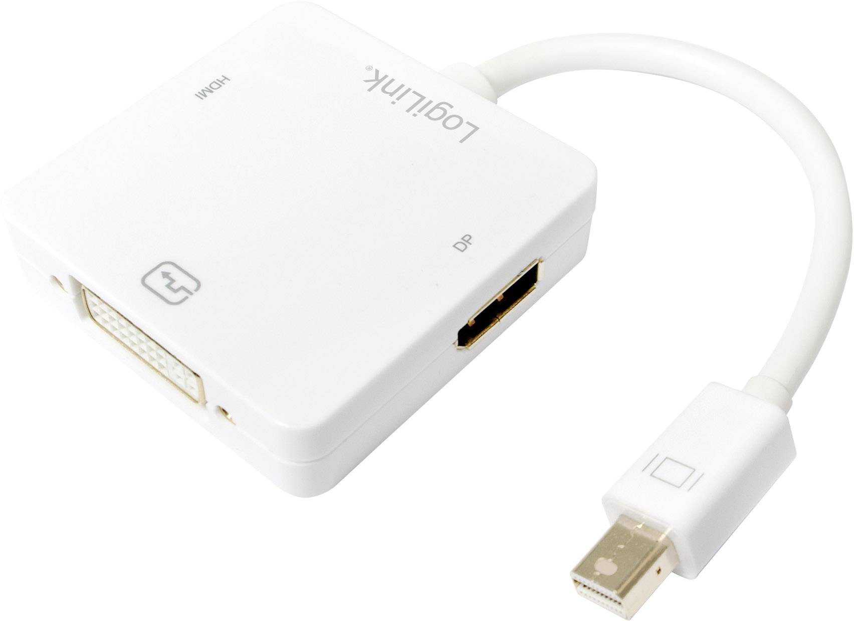Biały adapter z wejściem Mini DisplayPort, oferujący złącza DVI i DisplayPort, firmy LogiLink.