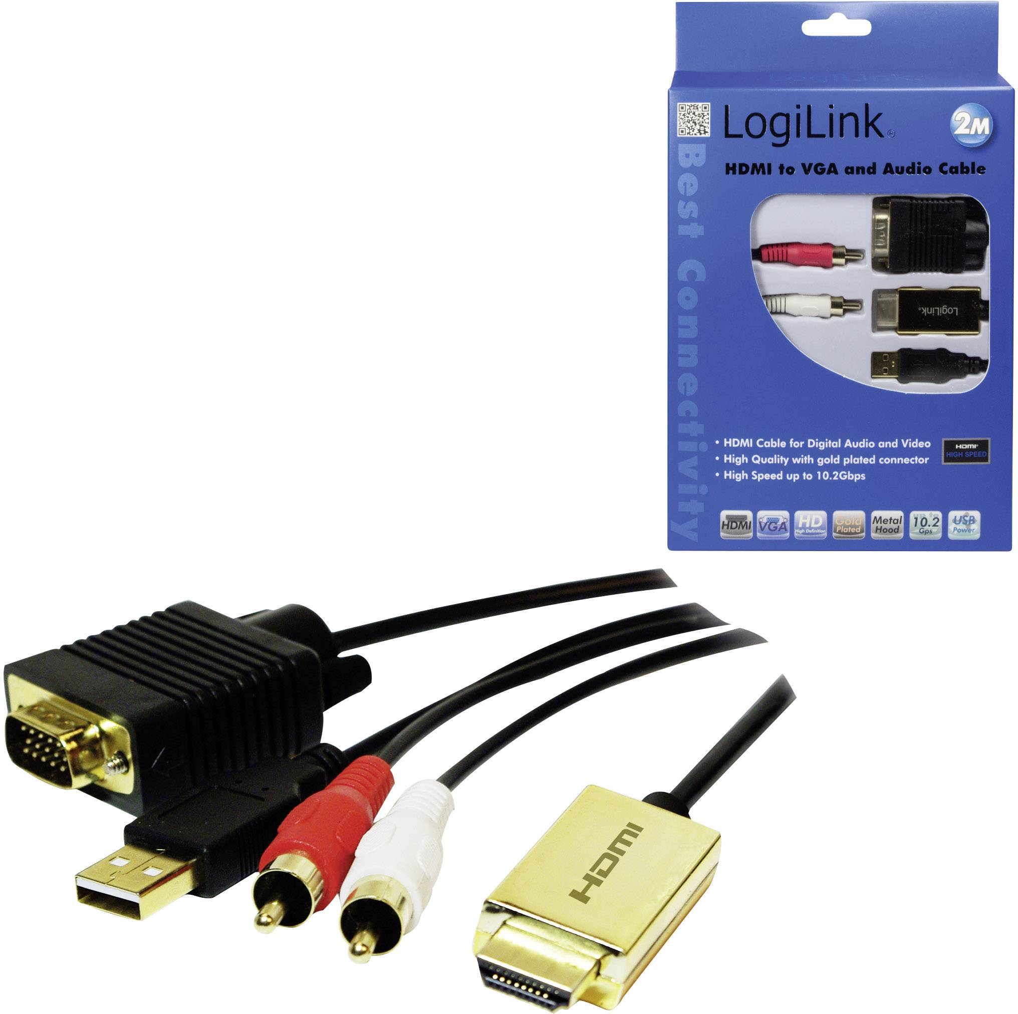 LogiLink Kabel HDMI na VGA z dźwiękiem, 2m. Na zdjęciu przedstawiono adapter z wyjściami VGA i audio oraz opakowanie z niebieskimi akcentami.