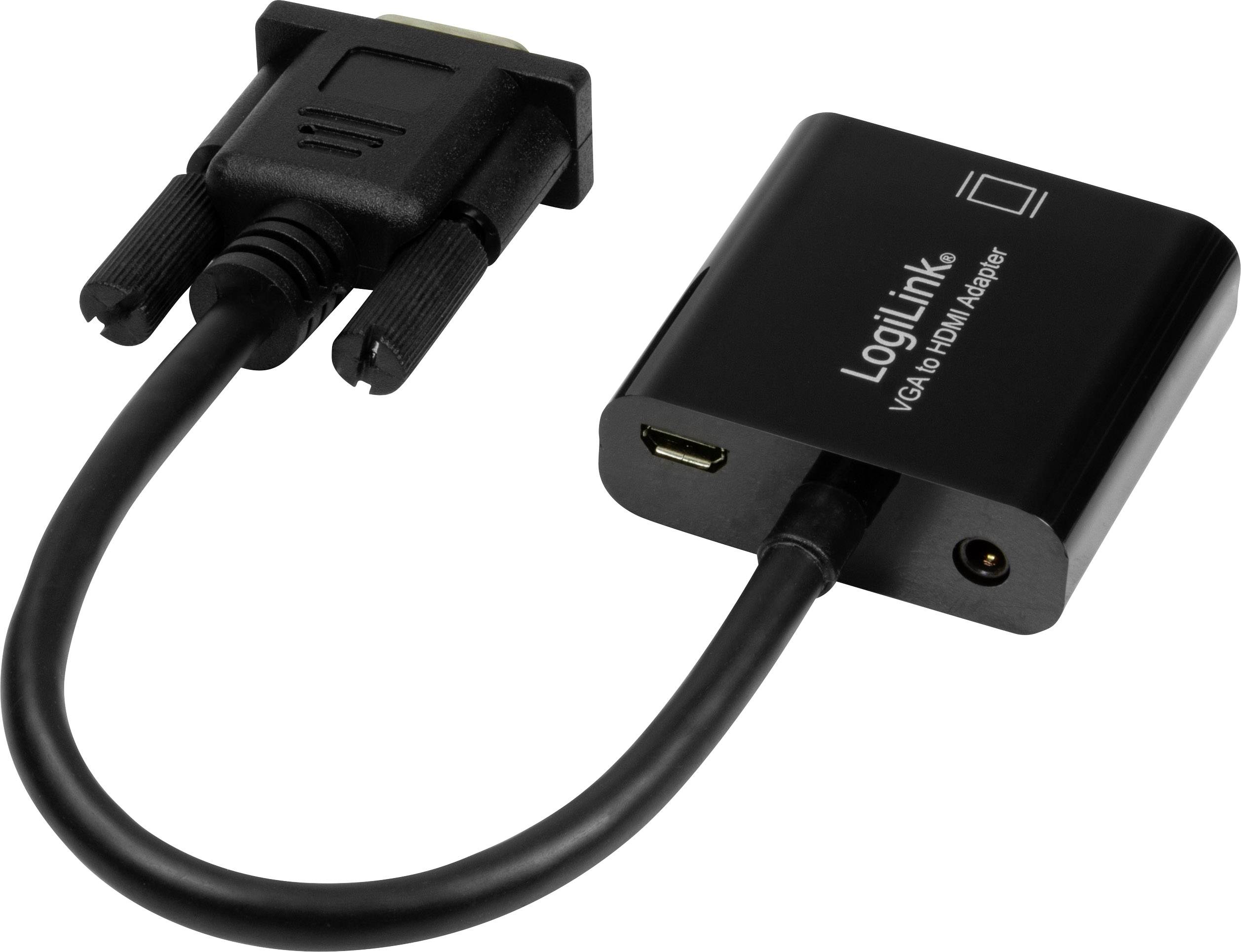Adapter VGA na HDMI firmy LogiLink. Czarna obudowa z wyjściem HDMI i wtyczką VGA, odpowiedni do połączeń wideo.