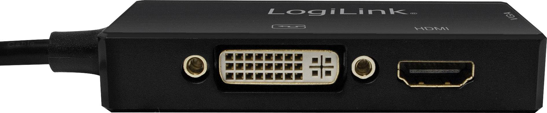 Adapter 'LogiLink' z wyjściami DVI i HDMI, przeznaczony do podłączania urządzeń z różnymi interfejsami.
