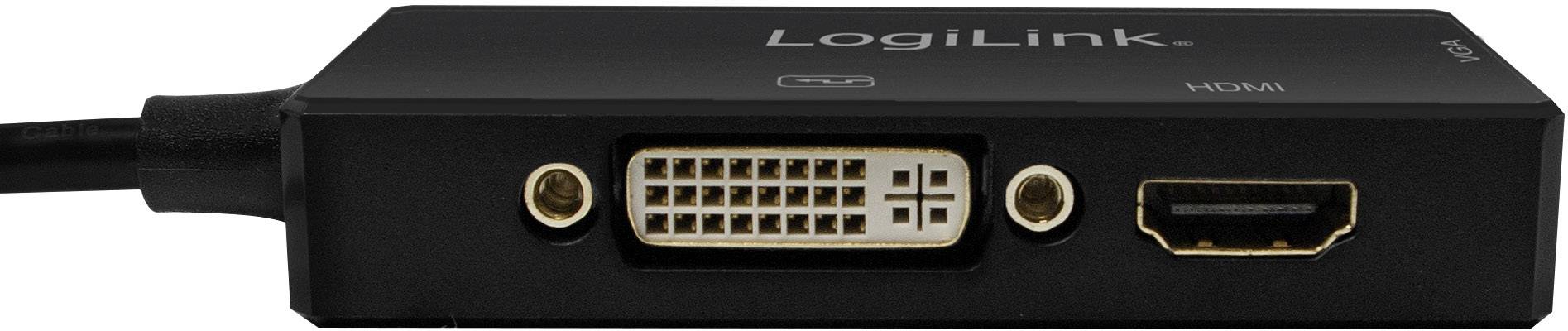 Czarny adapter firmy LogiLink z wejściami DVI i HDMI. Idealny do podłączania komputerów z monitorami lub projektorami.