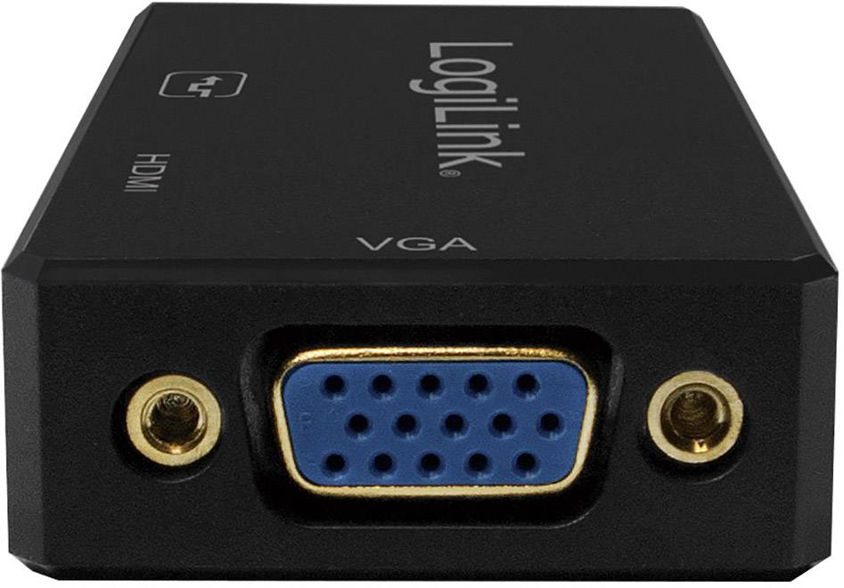 Czarny adapter LogiLink, konwertujący VGA na HDMI. Widoczne niebieskie gniazdo VGA oraz złącze HDMI.