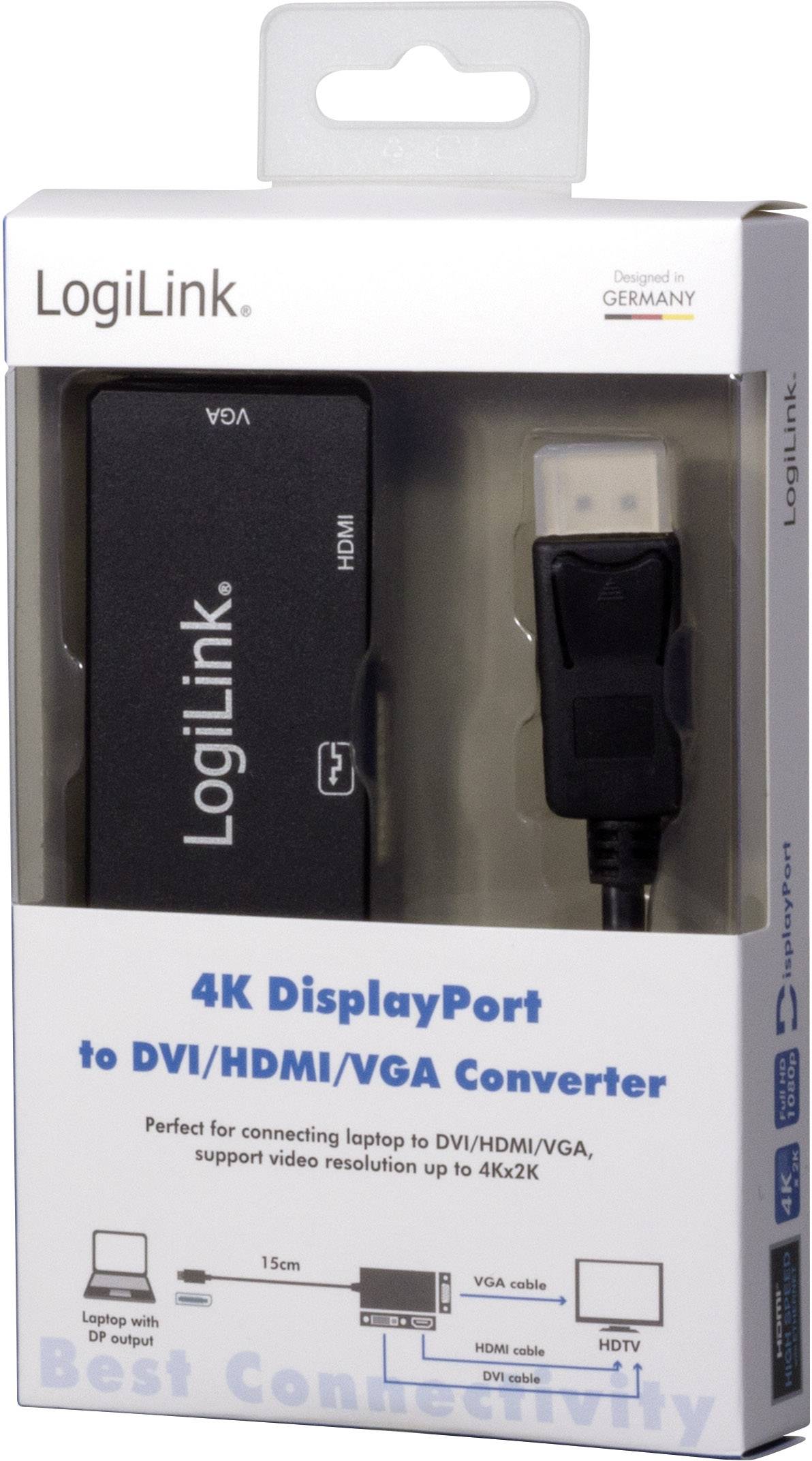 'LogiLink 4K Konwerter DisplayPort na DVI/HDMI/VGA', idealny do podłączania laptopów do monitorów o wysokiej rozdzielczości do 4K.