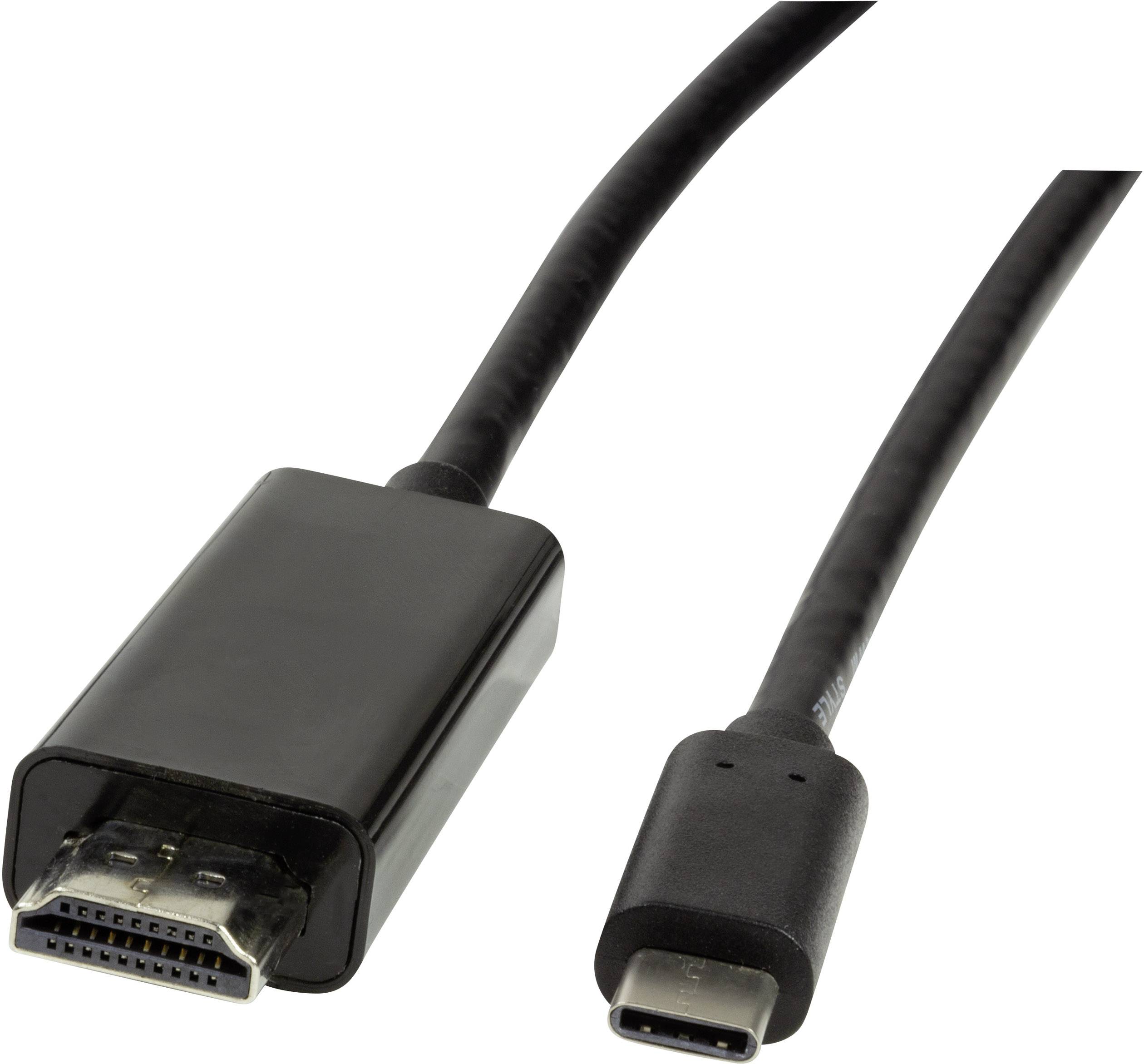 Czarny kabel z złączem USB-C po jednej stronie i złączem HDMI po drugiej, odpowiedni do łączenia urządzeń.