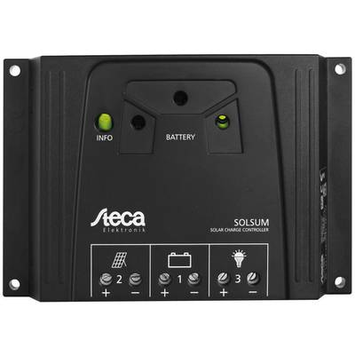 Solarny regulator ładowania z napisami 'Info', 'Battery' oraz symbolami paneli słonecznych, baterii i światła. Nazwa marki: Steca.