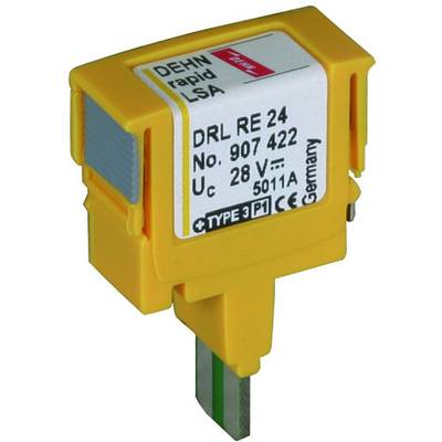 Żółte urządzenie ochrony przeciwprzepięciowej dla systemów telekomunikacyjnych, model 'DEHN rapid LSA DRL RE 24', z parametrami technicznymi.
