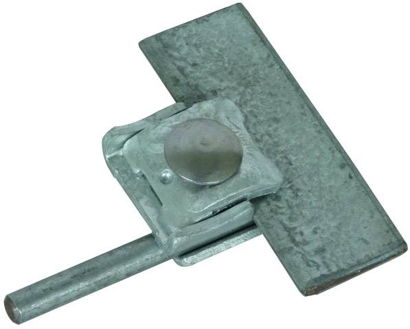 Zielony metalowy element narzędzia z prostokątną płytką i okrągłym przegubem obrotowym. Prawdopodobnie służy do łączenia lub podtrzymywania.