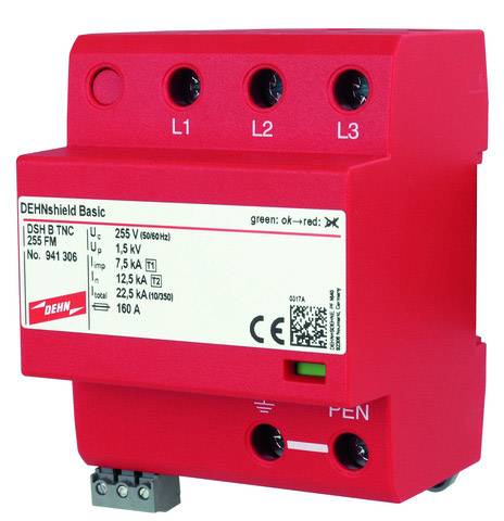 Urządzenie ochrony przeciwprzepięciowej DEHNshield Basic w czerwonej obudowie z zaciskami przyłączeniowymi dla L1, L2, L3 i PEN. Certyfikat CE widoczny.