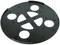Czarny, okrągły plastikowy pokrywy z kilkoma okrągłymi i trójkątnymi wycięciami, prawdopodobnie element filtra lub uchwytu.