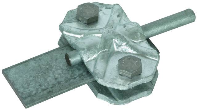 Element metalowy z dwiema śrubami sześciokątnymi, cylindrycznym prętem i prostokątną płytką. Może być częścią urządzenia mechanicznego.
