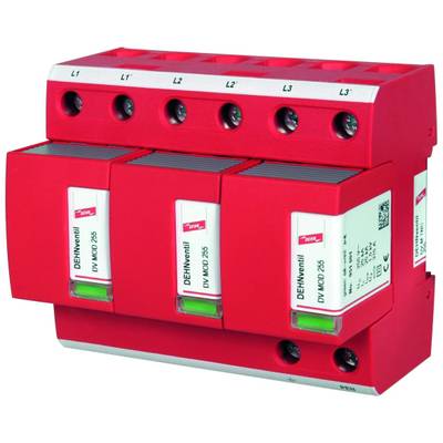 Czerwone urządzenie ochrony przeciwprzepięciowej z trzema modułami, oznaczonymi jako L1, L2, L3, przeznaczone do ochrony systemów elektrycznych przed przepięciami.