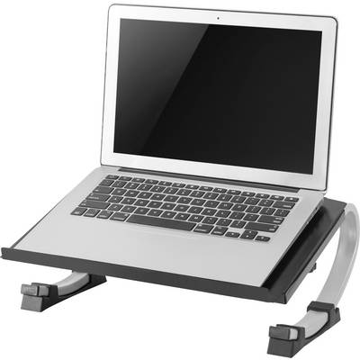 Srebrny laptop na regulowanym czarnym stojaku. Ekran jest pusty, a stojak posiada dwie solidne podpory.