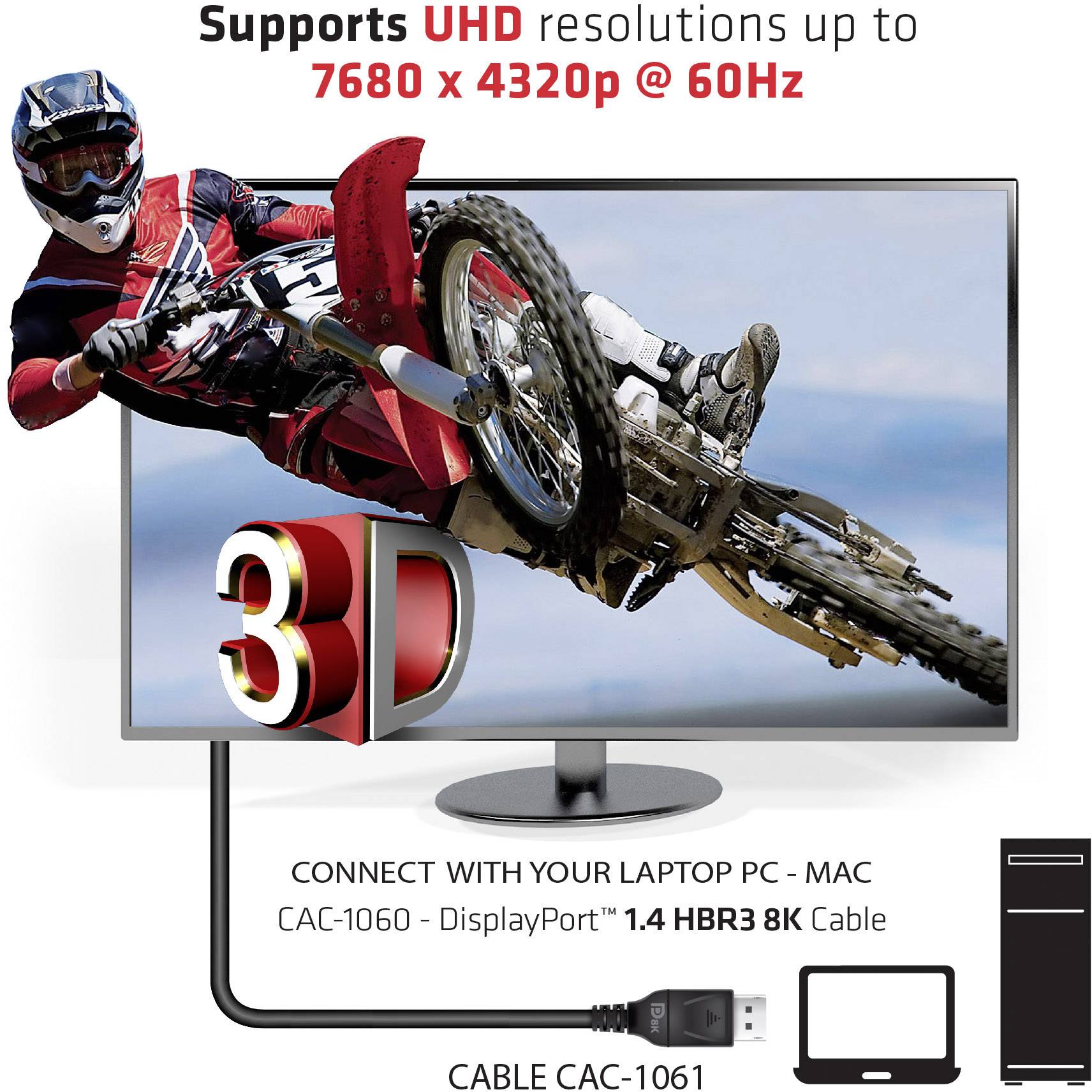 Monitor wyświetla motocyklistę w powietrzu, z efektem 3D. Tekst: 'Obsługuje rozdzielczości UHD do 7680 x 4320 @ 60Hz'.