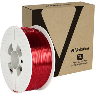 Czerwona szpula filamentu 3D obok brązowego pudełka kartonowego z napisem "Verbatim 3D Print Materials".