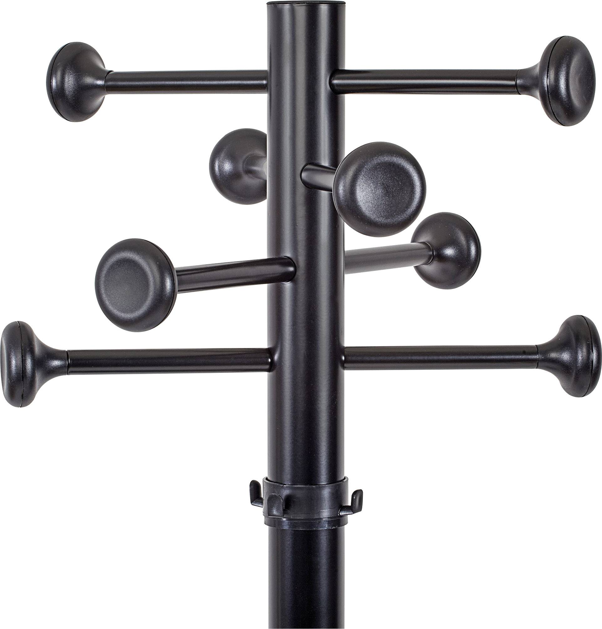 Czarny, wieloramienny wieszak na ubrania z ośmioma wystającymi hakami, rozmieszczonymi symetrycznie wokół centralnego słupa.