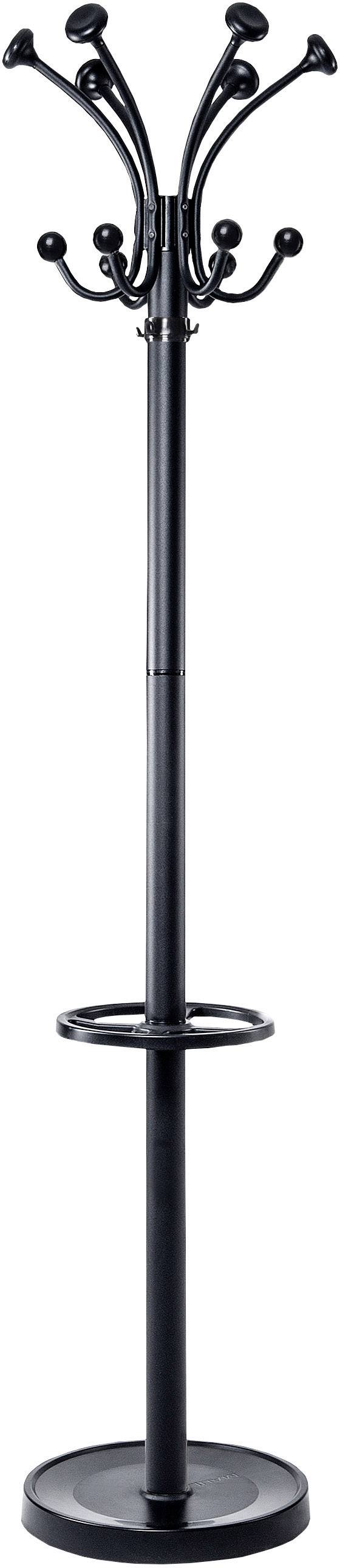 Czarny wieszak stojący z wieloma hakami na górze, odpowiedni do zawieszania płaszczy i kurtek; w zestawie podstawka na parasole.