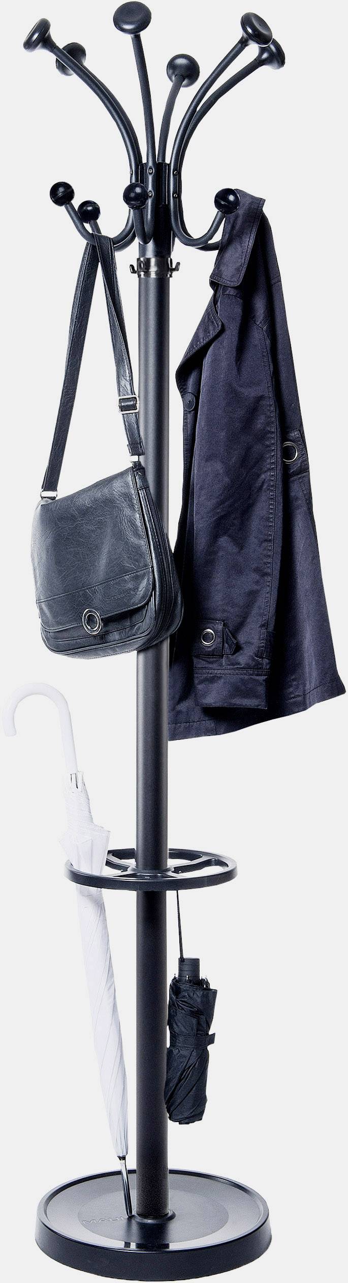 Wieszak na ubrania z kurtką, torbą, białym i czarnym parasolem.