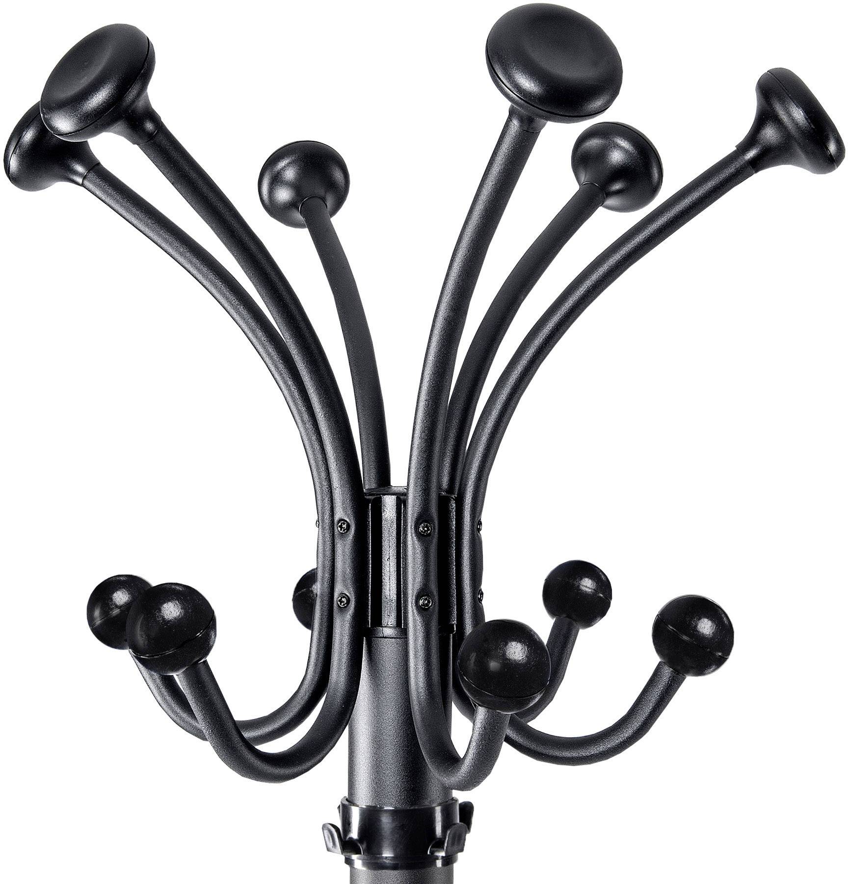 Czarny wieszak stojący z wieloma zakrzywionymi hakami skierowanymi ku górze. Idealny do zawieszania kapeluszy i płaszczy.