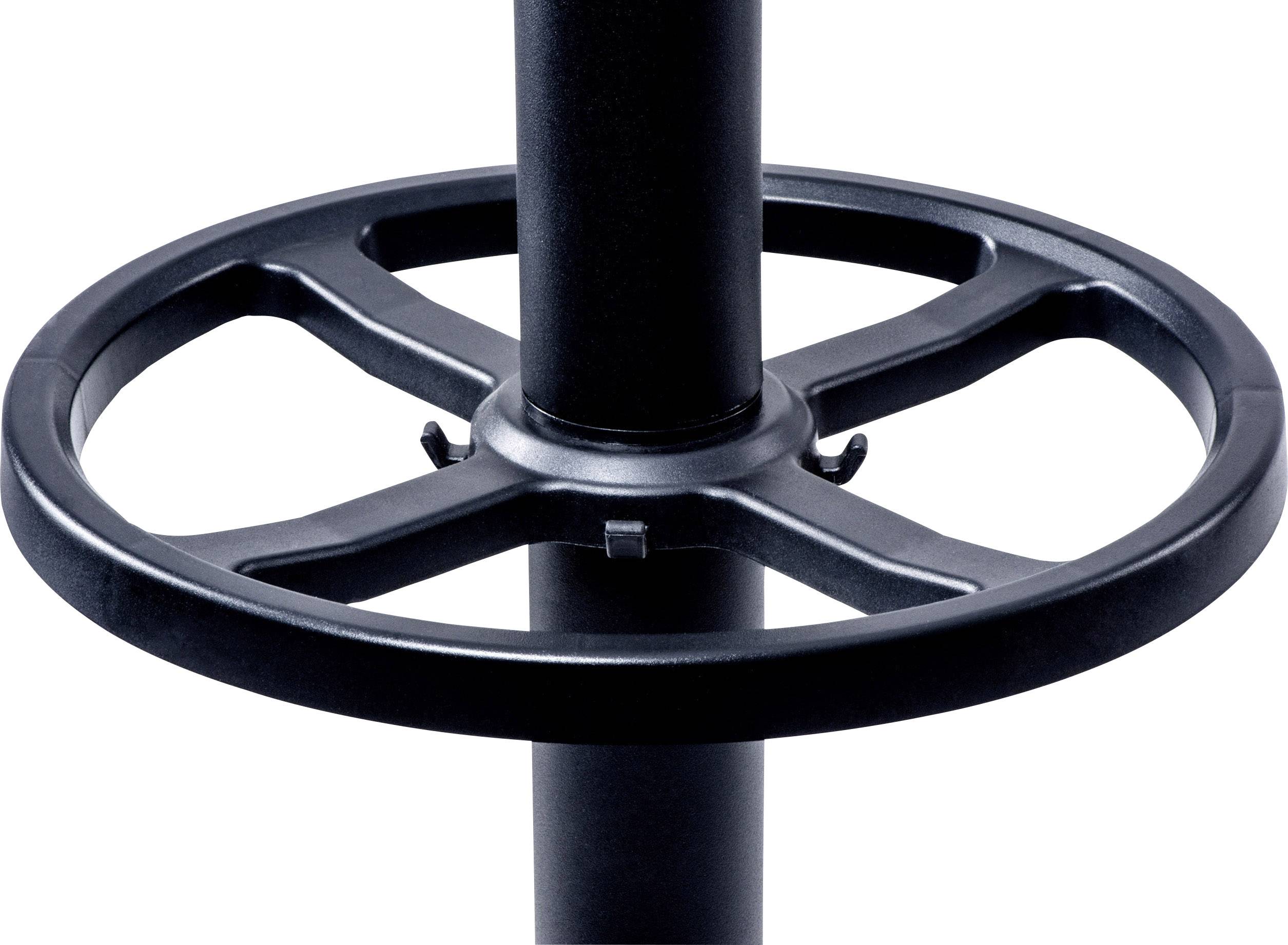 Czarna kierownica na pionowym słupie, często używana do sterowania maszynami lub zaworami.