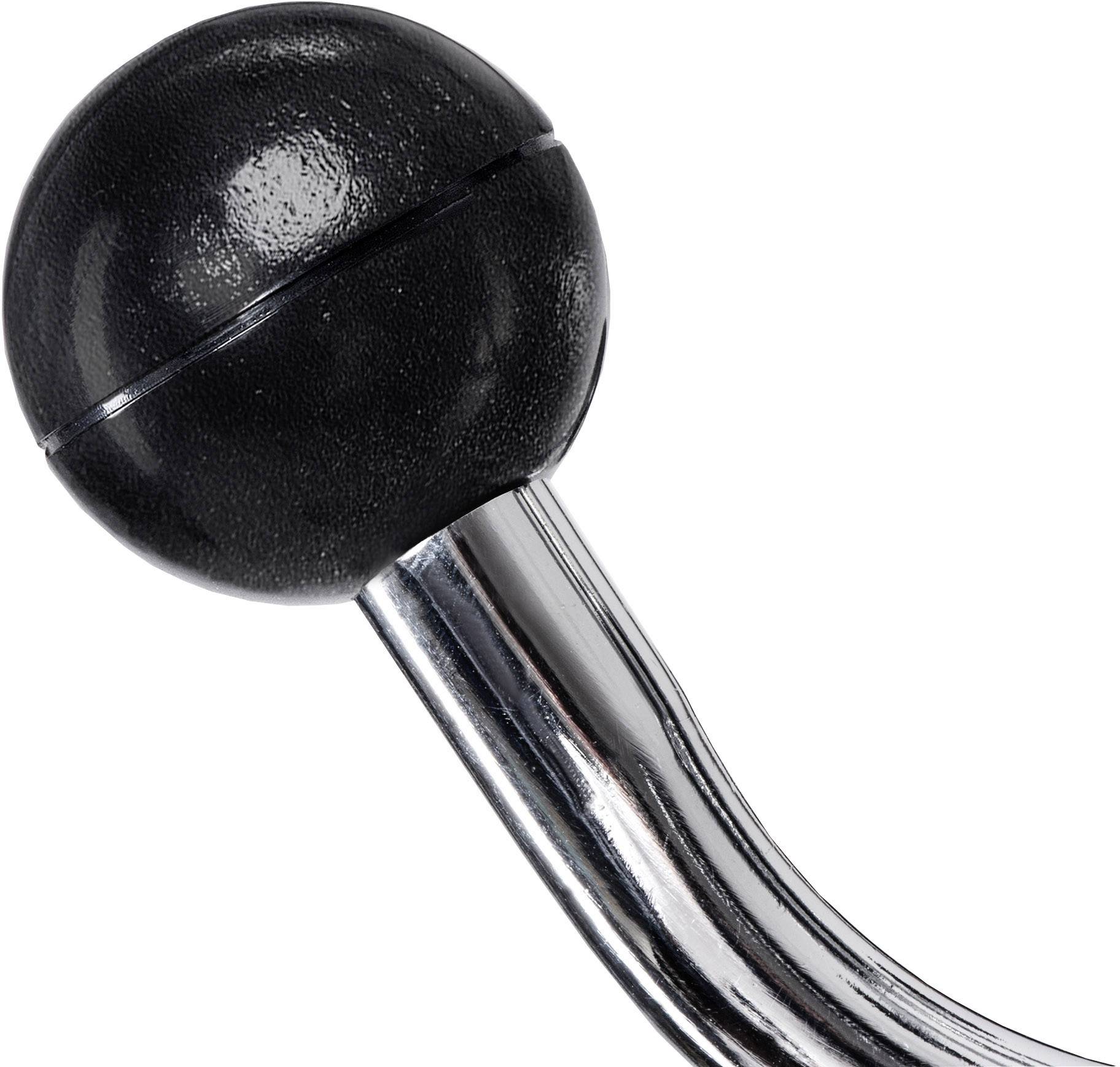 Czarna, okrągła kula na chromowanym, wygiętym pręcie, prawdopodobnie element urządzenia mechanicznego lub narzędzia.